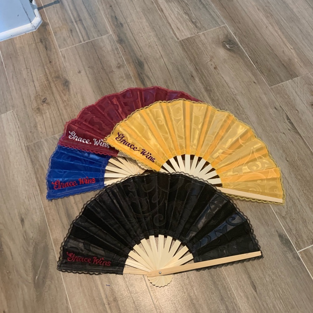 Custom Embroidered “Grace wins” fan